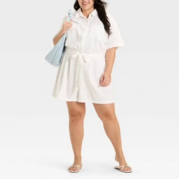 Ava & Viv White Short Sleeve Belted Waist Romper - Picture 2 of 8